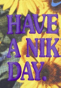 Fialový text říká "MĚJTE HEZKÝ DEN" na žlutém pozadí s květinovým vzorem. Design obsahuje tečkované gradienty a kontrastní barvy.