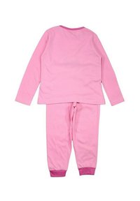 Haut à manches longues rose avec col côtelé, assorti à un pantalon rose avec poignets côtelés. Texture de tissu lisse, sans motifs ni graphismes.