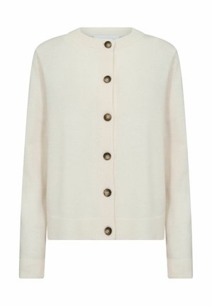Cardigan avorio realizzato in tessuto morbido con scollo rotondo. Presenta una chiusura frontale con bottoni e cinque bottoni di bronzo, con polsini a costine.