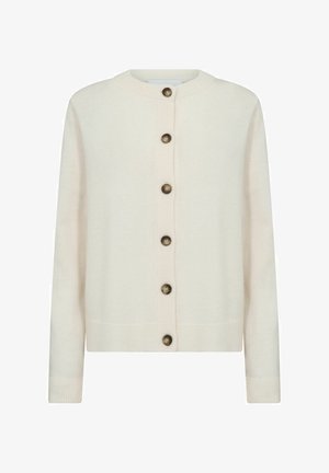 Elfenbeinfarbener Cardigan aus weichem Stoff mit Rundhalsausschnitt. Mit einer durchgehenden Knopfleiste mit fünf bronzefarbenen Knöpfen und gerippten Bündchen.