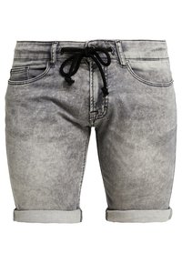 Shorts de mezclilla gris con un lavado desgastado, cintura con cordón y puños enrollados, que presentan un diseño clásico de cinco bolsillos y una textura sutil.
