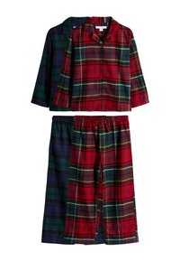 Set di pigiami a quadri con top rosso con chiusura a bottoni e maniche lunghe, abbinato a pantaloni a quadri verdi e rossi. Morbido cotone.