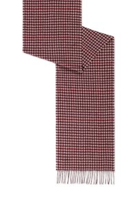 Houndstooth-patterned scarf in shades of burgundy and pink, with fringed edges for texture and detail. Soft fabric provides warmth.