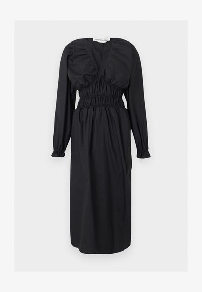 Μαύρο midi φόρεμα με μακριά μανίκια, βαθύ V-λαιμόκοψη, συγκεντρωμένο μπούστο και μέση, ελαστικές μανσέτες και ελαφρώς φαρδιά φούστα.