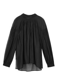 Blusa nera a maniche lunghe realizzata in tessuto trasparente, con scollo arricciato, maniche gonfiate e orlo leggermente curvo.