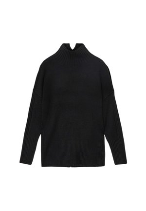 Musta neulepusero, jossa on korkea ribbikaarroke, roikkuvat olkaimet sekä ribbikuviointi helmassa ja hihojen resoreissa.