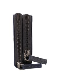 Black woven fabric wallet with dual metal zippers, leather pulls, and silver hardware; compact design with a textured surface.