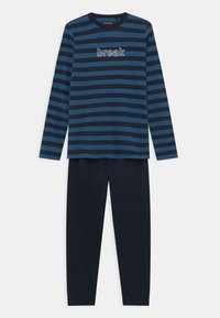 Ensemble de pyjama à manches longues rayé bleu marine et teal, avec un design de texte "break" sur le t-shirt. Le pantalon est uni bleu marine avec une coupe décontractée.