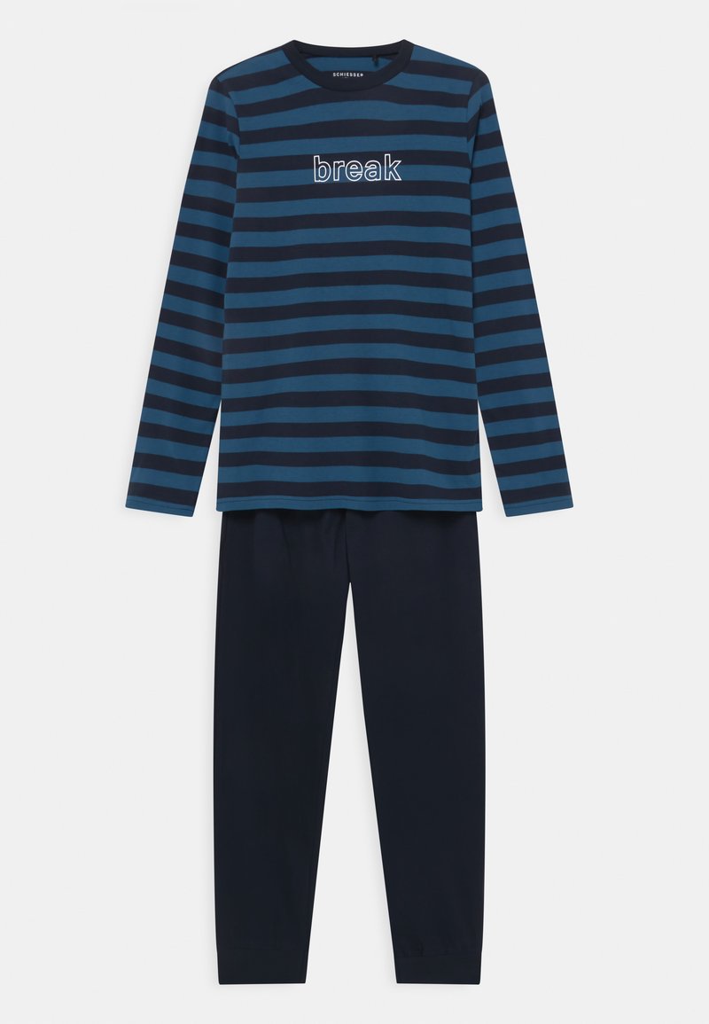 Ensemble de pyjama à manches longues rayé bleu marine et teal, avec un design de texte "break" sur le t-shirt. Le pantalon est uni bleu marine avec une coupe décontractée.