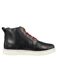 Black leather high-top sneakers with red laces, white rubber sole, and contrasting stitching along the edges. Features a pull tab at the back.