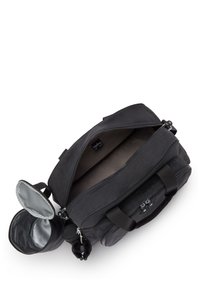 Black bag made of textured fabric, featuring a spacious interior, dual handles, and a side pocket with a silver lining. Includes a keychain charm.