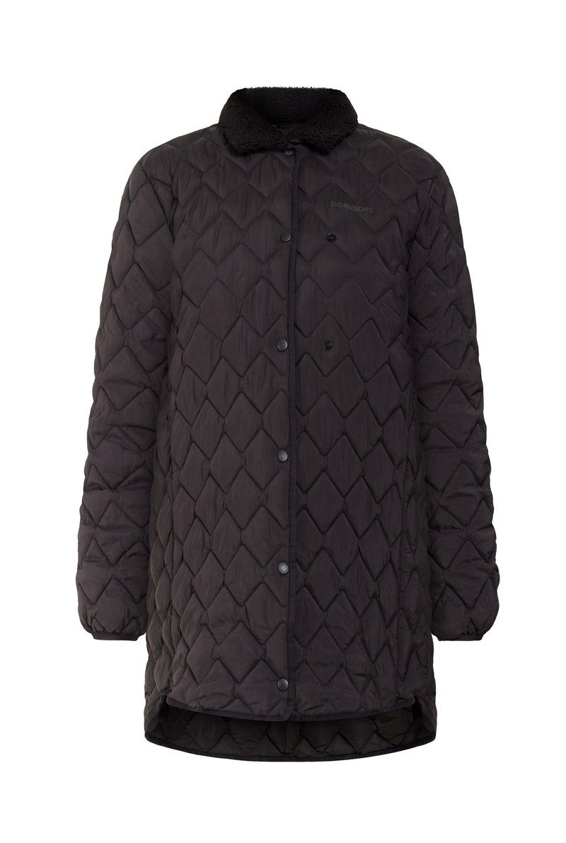 Schwarze gesteppte Jacke mit hohem Kragen, ausgestattet mit rautenförmigen Mustern, Druckknöpfen und einer weichen Textur. Lange Ärmel, mittellanges Design.