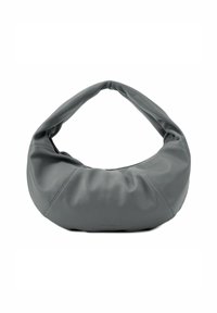 Borsa hobo in pelle grigia con una texture liscia, design morbido e una larga tracolla arrotondata per un trasporto confortevole.