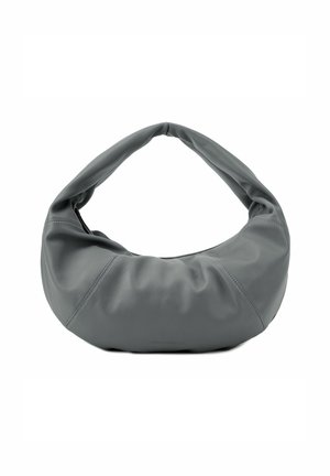 Borsa hobo in pelle grigia con una texture liscia, design morbido e una larga tracolla arrotondata per un trasporto confortevole.