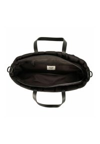 Czarna torebka z materiałową powierzchnią zewnętrzną i skórzanymi uchwytami, wyposażona w zamek błyskawiczny, przestronne wnętrze oraz małą kieszeń na zamek wewnątrz.