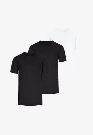 Drei T-Shirts in Schwarz und Weiß. Jedes hat einen Rundhalsausschnitt und kurze Ärmel. Der Stoff wirkt glatt, ohne Muster oder zusätzliche Details.