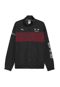 Sort og burgunder vindjakke med lynlås foran, elastiske håndledninger og "BMW Motorsport" logo. Har Puma-logo og stribede detaljer.