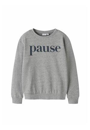 Szara bluza wykonana z miękkiej mieszanki bawełny, z okrągłym dekoltem, długimi rękawami i napisem "pause" w ciemnoniebieskim kolorze.