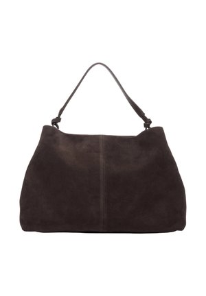 Torebka z ciemnobrązowego zamszu z pojedynczym paskiem na ramię i minimalistycznym wzornictwem, z przeszyciem pionowym pośrodku.