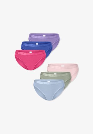 Six paires de culottes en coton dans des couleurs rose, violet, bleu, vert et rose clair, avec une ceinture confortable portant un logo.
