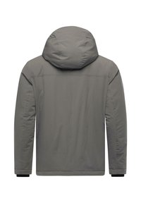 Grå hættejakke med en glat, mat finish. Har sømdetaljer og elastiske manchetter. Ryggen er simpel og uden dekoration.