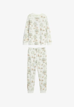 Bio-Baumwoll-Pyjama-Set mit hellem Cremehintergrund und Tier- sowie Baumdrucken. Beinhaltet ein langärmeliges Oberteil und passende Hosen.
