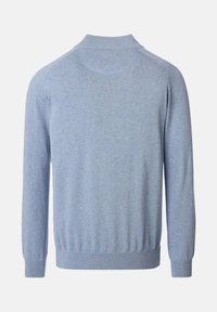 Hellblauer Pullover mit langen Ärmeln, geripptem Halsausschnitt und Saum. Hergestellt aus weichem Strickmaterial mit einer glatten Textur.