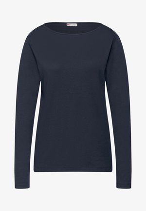 Laivastonsininen naisten pitkähihaisen yläosa pyöreällä kaula-aukolla, yksivärinen malli ja Street One -merkki takakauluksessa.