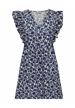 Witte jurk met blauw bloemmotief, V-hals, gerimpelde korte mouwen en een geplooide taille.