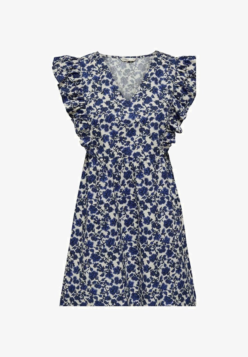 Robe blanche à imprimé floral bleu, col en V, manches courtes à volants et taille froncée.