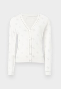 Cardigan blanc à manches longues avec col en V, petits boutons sur le devant et motif brodé floral discret sur toute la pièce.