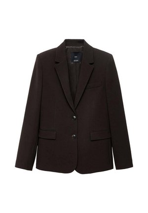 Donkerbruine blazer van textuurstof, met een gelapte revers, twee voorklauwen en twee knopen voor sluiting. Gevoerde binnenkant.