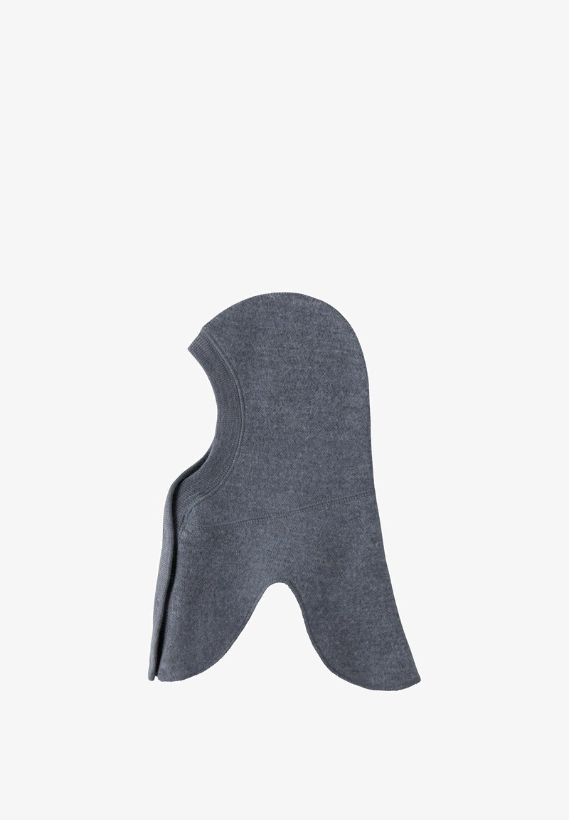 Tmavě šedá pletená kukla s prodlouženým krkem a otvorem na obličej, navržená pro kompletní pokrytí hlavy a krku.