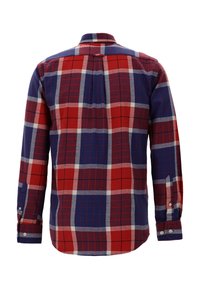 Camicia a quadri rossa, blu e bianca con maniche lunghe, polsini con bottoni, colletto e orlo dritto. Realizzata in tessuto morbido. Visualizzata la vista posteriore.