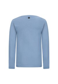 Camicia a maniche lunghe in cotone azzurro chiaro. Design semplice con scollo rotondo, orlo dritto e etichetta nella parte posteriore del colletto.