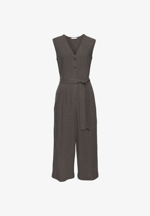 Dunkelgrauer Leinen-Overall mit V-Ausschnitt, ärmellosem Design, Frontknöpfen, tailliertem Gürtel und weit geschnittenen Hosenbeinen. Strukturierten Stoff.