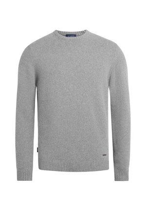 Grey knit sweater featuring long sleeves, a round neckline, ribbed cuffs and hem, with a small logo detail at the bottom left.