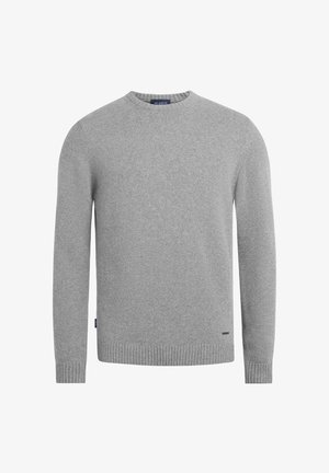 Grey knit sweater featuring long sleeves, a round neckline, ribbed cuffs and hem, with a small logo detail at the bottom left.