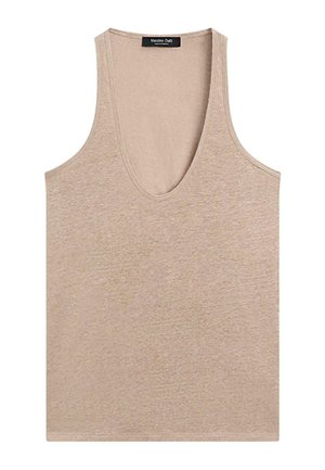 Beige ærmeløs tanktop med dyb rund halsudskæring og en Massimo Dutti-mærkat på bagsiden af halsen.