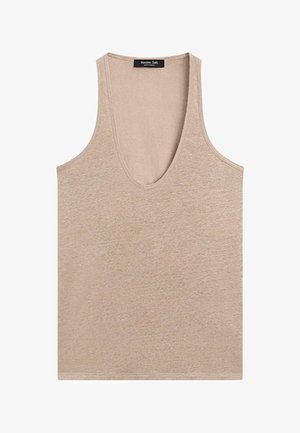 Débardeur beige sans manches avec un décolleté profond en U et une étiquette Massimo Dutti à l'arrière du col.