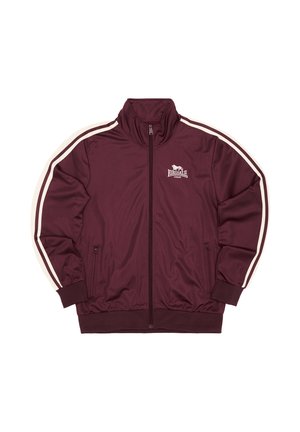 Maroon track jacket with white side stripes, high collar, full zipper, and logo on the chest. Smooth fabric, ribbed cuffs, and hem.