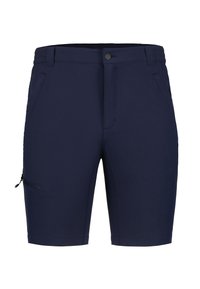 Marinblå shorts gjorda av elastisk tyg, med en dragkedjeficka på sidan och standard framfickor, samt en åtsittande midja.