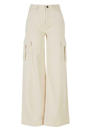 Beige wide-leg cargo pants made from cotton, featuring two large side pockets, a front button closure, and a clean hem.