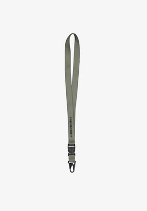 Gray fabric lanyard with black plastic buckle and metal clip, featuring "ALPHA INDUSTRIES" text printed vertically.