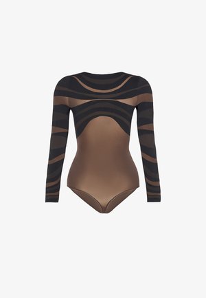 Langärmliger Bodysuit in Braun und Schwarz mit transparentem Design und wellenförmigen Streifen, glatter Textur und figurbetontem Schnitt.