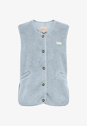 Gaiši zils bezroku vilnas veste ar pogām priekšpusē, divām priekšējām kabatām un nelielu taisnstūra formas zīmola ielāpu uz krūtīm.