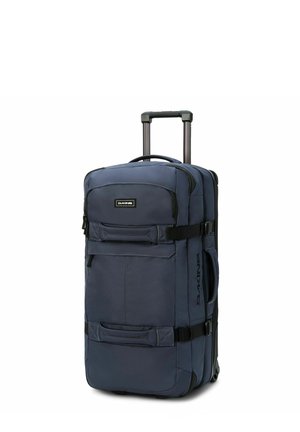 Borsa da viaggio a rotelle blu navy con manico robusto, numerose tasche con cerniera e spallacci regolabili, realizzata in tessuto resistente.