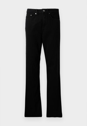 Pantaloni in denim nero con vestibilità dritta, cinque tasche, chiusura con bottone in metallo e dettagli di cucitura discreti. Texture liscia e colore uniforme.