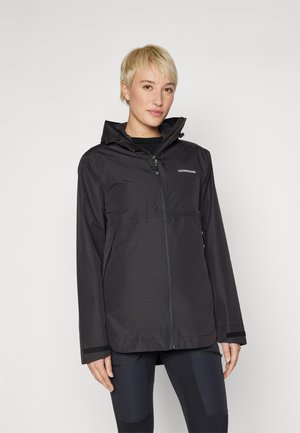 Schwarze wasserdichte Jacke mit einem Reißverschluss vorne, verstellbare Kapuze und langen Ärmeln. Merkmale ein einfaches Design mit leichtem Glanz und ohne auffällige Muster.