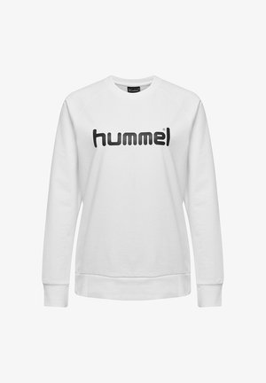 Hvid langærmet sweatshirt med rund hals og sort "hummel" logo centreret på brystet, med ribbet manchetter og kant.
